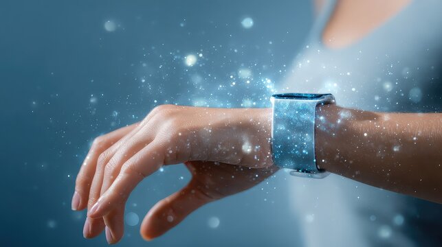 Futuristic smartwatch glows with digital data streams and sparkling particles on a woman's wrist, showcasing advanced wearable technology and innovation. - Powered by Adobe