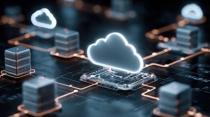 Dynamic digital cloud network powering futuristic data servers and interconnected technology with glowing circuits and abstract data flow