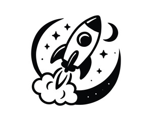 Obraz premium Cartoon Rocket Launching to Moon with Stars, Black and White Space Adventure Vector Illustration