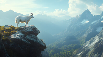 Mountain Goat on Peak Overlooking Alpine Valley A majestic white mountain goat stands atop a rocky precipice, surveying a breathtaking vista of misty mountains and evergreen forests under a serene