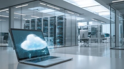 Modern data center showcases innovative cloud technology on laptop screen, symbolizing digital transformation and global connectivity