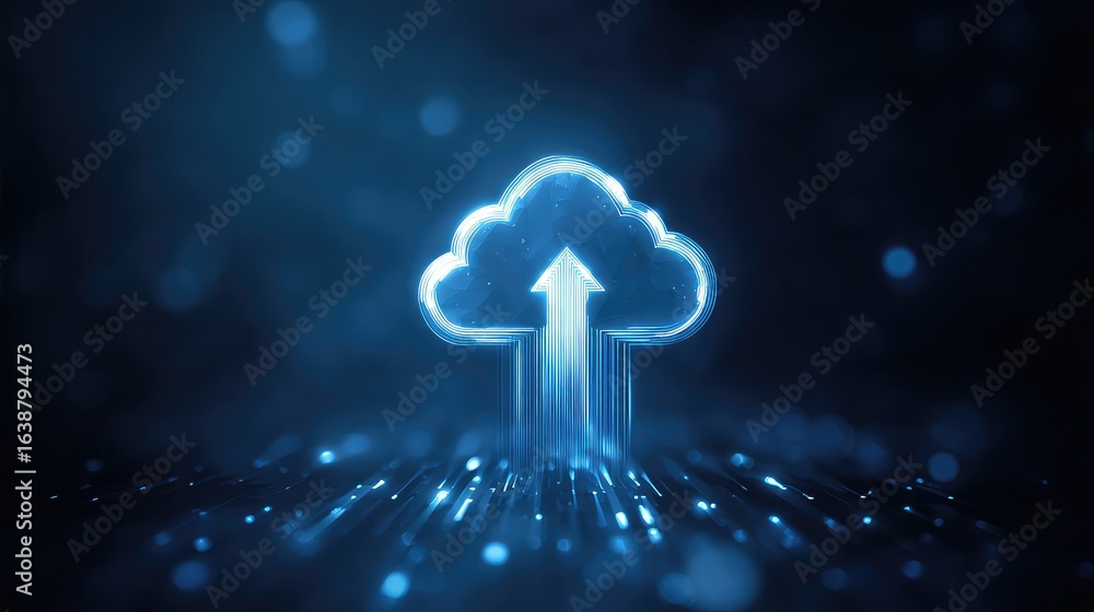 Poster experience seamless data transfer with this vibrant, glowing cloud upload icon, symbolizing connecti