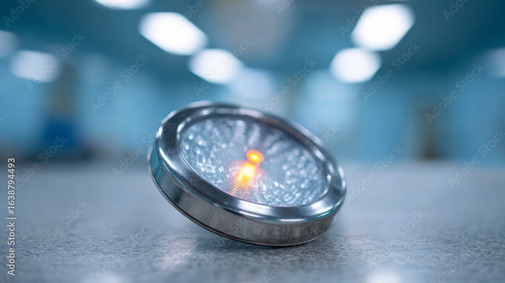Aufkleber close up of a circular led light with a textured metallic casing and illuminated central bulb on a g