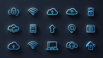 Modern digital icons representing cloud computing, data transfer, connectivity, and security for tech innovation and business solutions