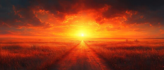 Fiery Sunset over Golden Field  Dramatic Sky  Path to Horizon