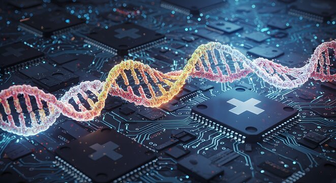 DNA Strand on Circuit Board: Modern Medical Technology Concept