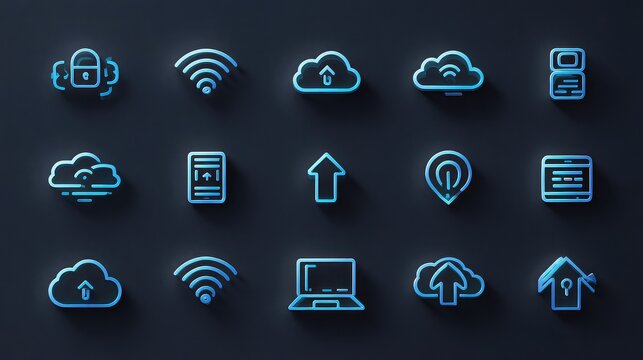 Modern digital icons representing cloud computing, data transfer, connectivity, and security for tech innovation and business solutions