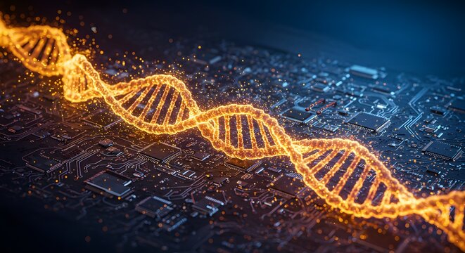 DNA Strand on Circuit Board: Science and Technology Concept