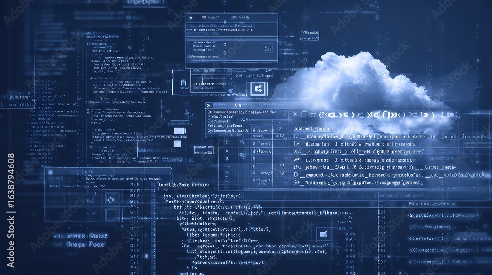 Fototapete immersive digital landscape merging code data streams with a serene cloud formation, symbolizing inn
