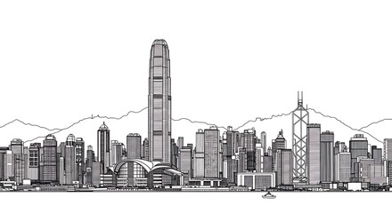Detailed Line Drawing of Hong Kong Skyline