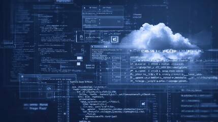 Immersive digital landscape merging code data streams with a serene cloud formation, symbolizing innovation and cloud computing convergence