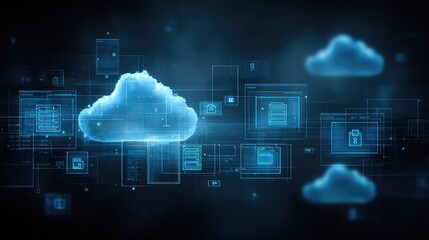 Experience the future of data with this dynamic, glowing blue cloud computing network visualization featuring abstract digital interfaces and futuristic technology.