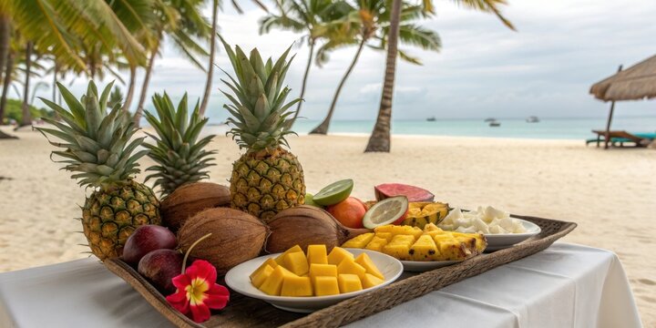 Tropical fruit platter on a beach with palm trees and ocean view
