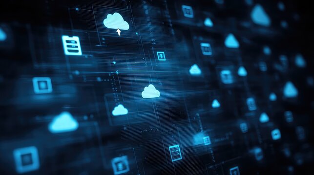 Dynamic digital network showcasing glowing blue cloud icons and data streams, representing secure cloud computing and futuristic technology solutions.