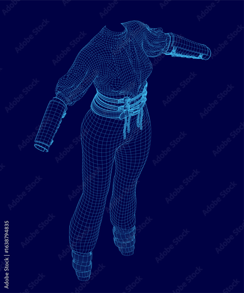 Poster a 3d wireframe model of a female character in a blue outfit stands with arms outstretched against a 