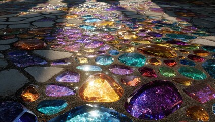 Colorful, iridescent stones embedded in a light gray concrete pavement. Sunlight highlights the varied hues