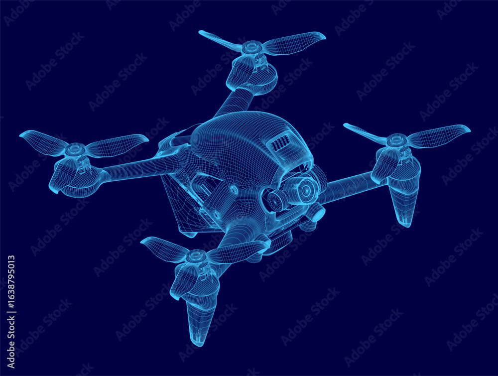 Aufkleber a small drone 3d model rendered in wireframe style on a smooth blue background. the detailed mesh st