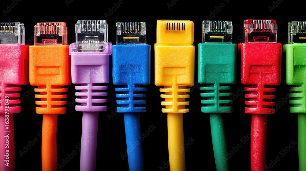 Poster vibrant network cables in a spectrum of colors connect for seamless data transfer, symbolizing conne