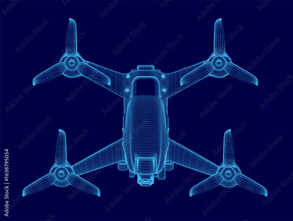 Aufkleber a drone blueprint displays a detailed wireframe view with four propellers on a blue background. the 