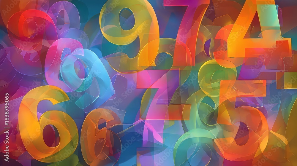 Poster vibrant, translucent numbers cascade and overlap creating a dynamic, abstract background perfect for