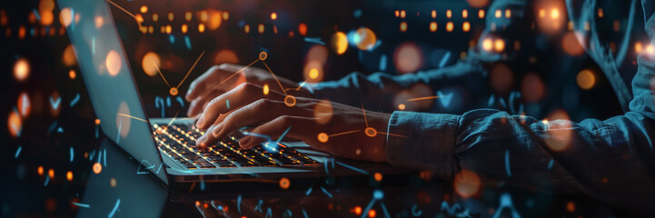 Businessman finger type keyboard glowing graph chart bar arrow keyboard display virtual 3D visualization banner.