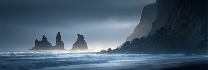 A panoramic photograph of jagged basalt sea stacks,  emerging from a black-sand shoreline under a brooding overcast sky.