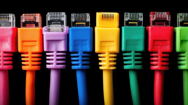 Vibrant network cables in a spectrum of colors connect for seamless data transfer, symbolizing connectivity and modern technology solutions. - Powered by Adobe