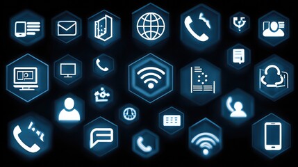Modern digital communication icons connect globally, featuring email, phone, wifi, and data transfer for seamless business and technology solutions.
