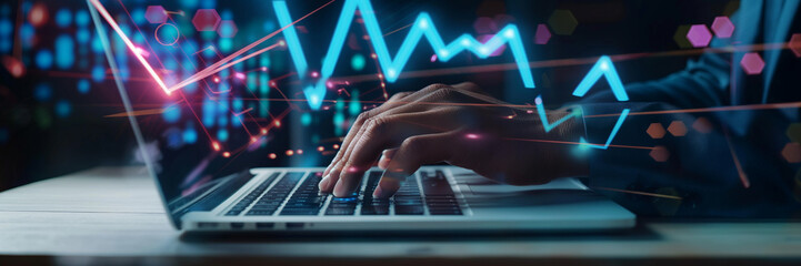 Businessman finger type keyboard glowing graph chart bar arrow keyboard display virtual 3D visualization banner.
