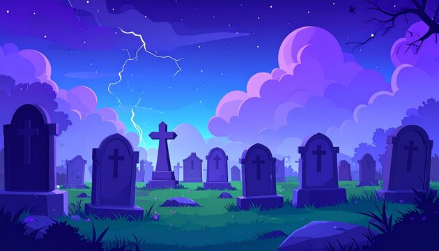 Nighttime graveyard scene with stormy clouds.