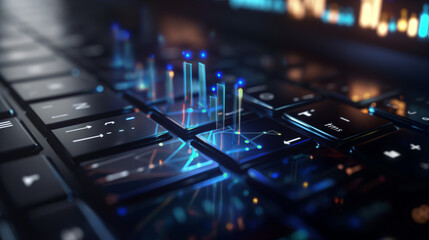 Laptop computer glowing graph chart bar arrow keyboard display virtual 3D visualization.