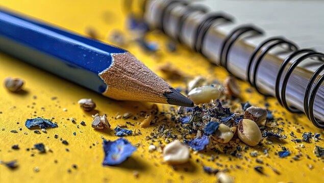 Blue pencil shavings on yellow, notebook background. Study supplies