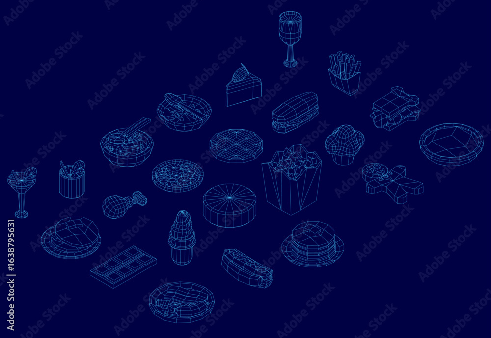 Poster a vibrant isometric food set arranged in a wireframe pattern against a blue background. various food