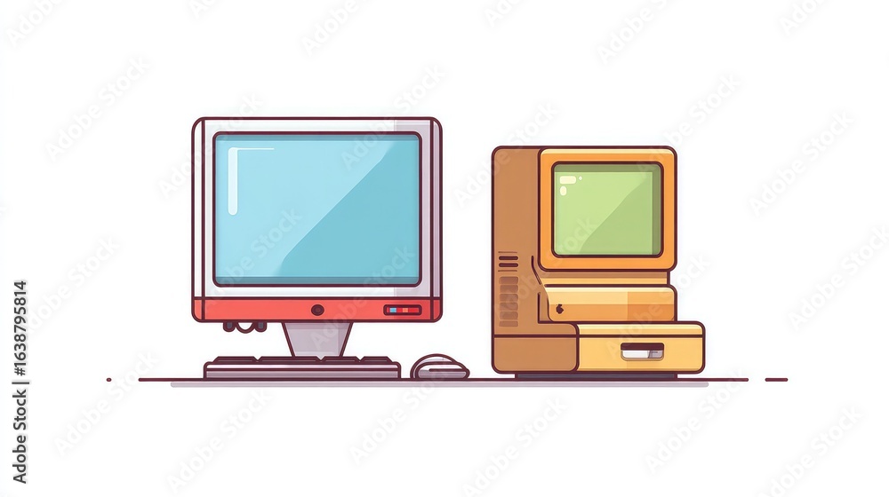 Poster retro computing nostalgia two vintage personal computers with monitors keyboards and mice displayed 
