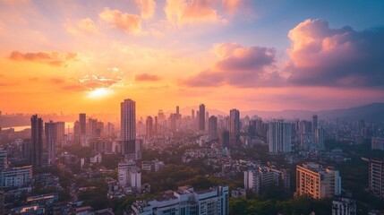 Fototapeta premium Cityscape Skyline at Sunset with Pink Clouds and Mountains