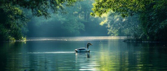 Naklejka premium Serene Duck on Calm Lake Green Nature Tranquil Scene
