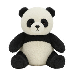 Cute panda plush toy sitting upright, looking forward, isolated on transparent background