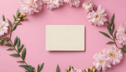Flatlay of gift card on pink backdrop. Floral background. Spring summer concept background. Flat lay, top view, created with generative ai