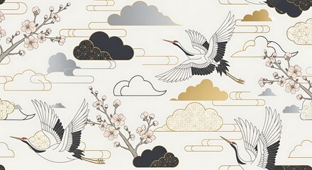 Elegant Asian-Inspired Pattern with Cranes, Blossoms, and Clouds on Cream Background