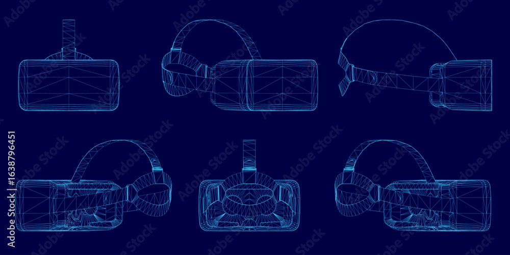 Poster a virtual reality headset blueprint features a wireframe design with geometric shapes on a blue back