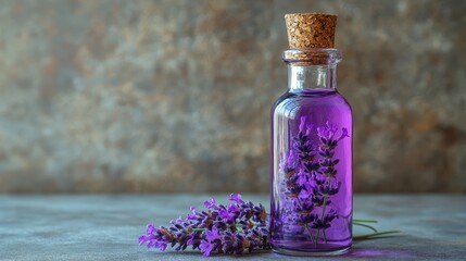 Lavender Essential Oil in Glass Bottle with Flowers