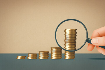 A hand holding a magnifying glass examines stacks of gold coins, symbolizing financial growth.