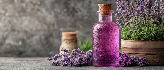 Lavender Essential Oil Bottle  Purple Flowers  Aromatherapy
