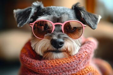 Cute Dog Wearing Pink Sunglasses and Knit Sweater