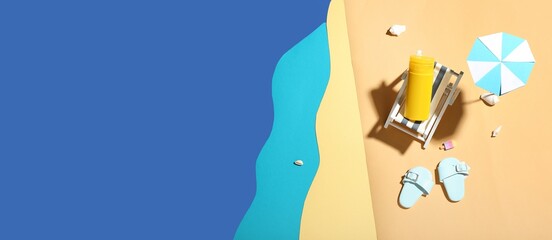 Creative composition with small deck chair, umbrella, flip-flops and sunscreen cream on beach. Banner for design