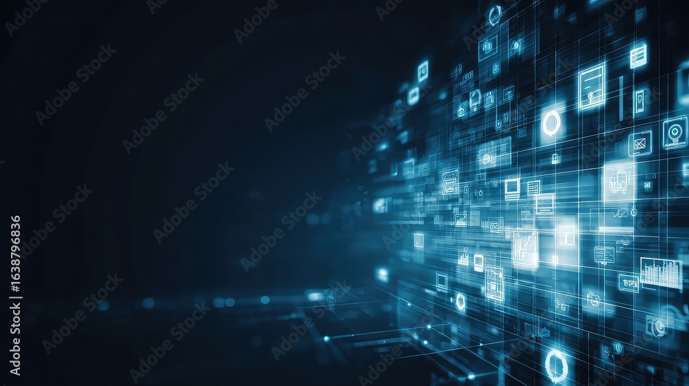 Poster dynamic digital network of glowing abstract data icons and connections representing global informati