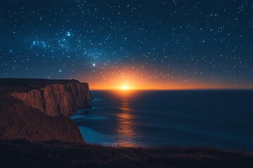 Sunset over Ocean Cliffs  Starry Night Sky