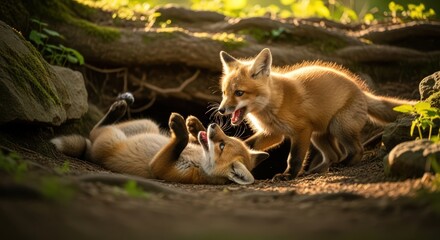 Fototapeta premium Two Adorable Red Fox Kits Playing and Fighting in the Forest at Golden Hour