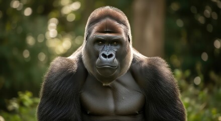 Fototapeta premium Powerful Silverback Gorilla Portrait with Intense Gaze in Natural Habitat