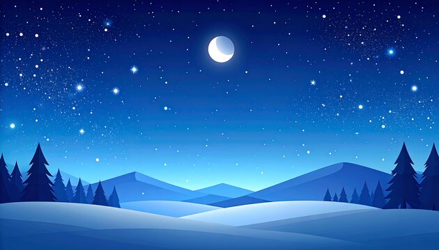 Winter night landscape with stars and a crescent moon. - Powered by Adobe